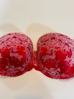 Victoria's Secret Red Strapless Lace Bra with Pink Floral Overlay